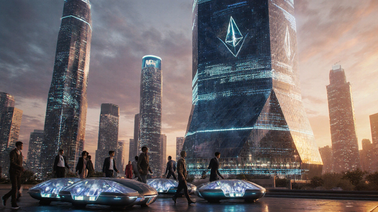 Fotorealistický pohled na futuristické město, kde každá věž představuje shard; uživatelé rychle transakcují, ukazuje výhody shardingu.