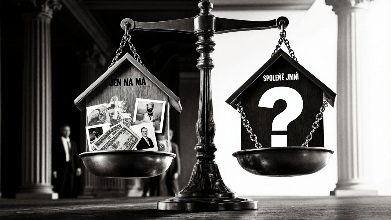 Dům rozdělený na polovinu mezi osobní vlastnictví a společné jmění s právními symboly.