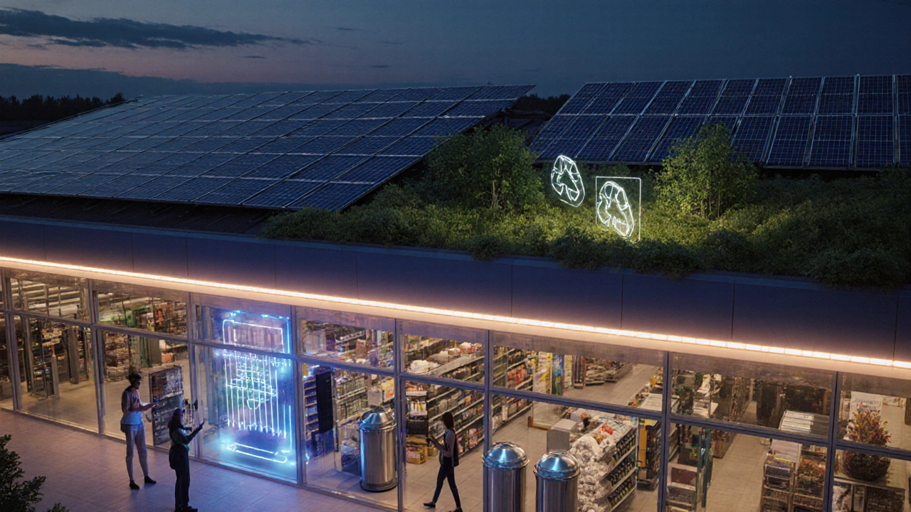 Futuristická IKEA Vantaa s solárními panely, zelenou střechou a AR hologramy, lidé používají chytré telefony.