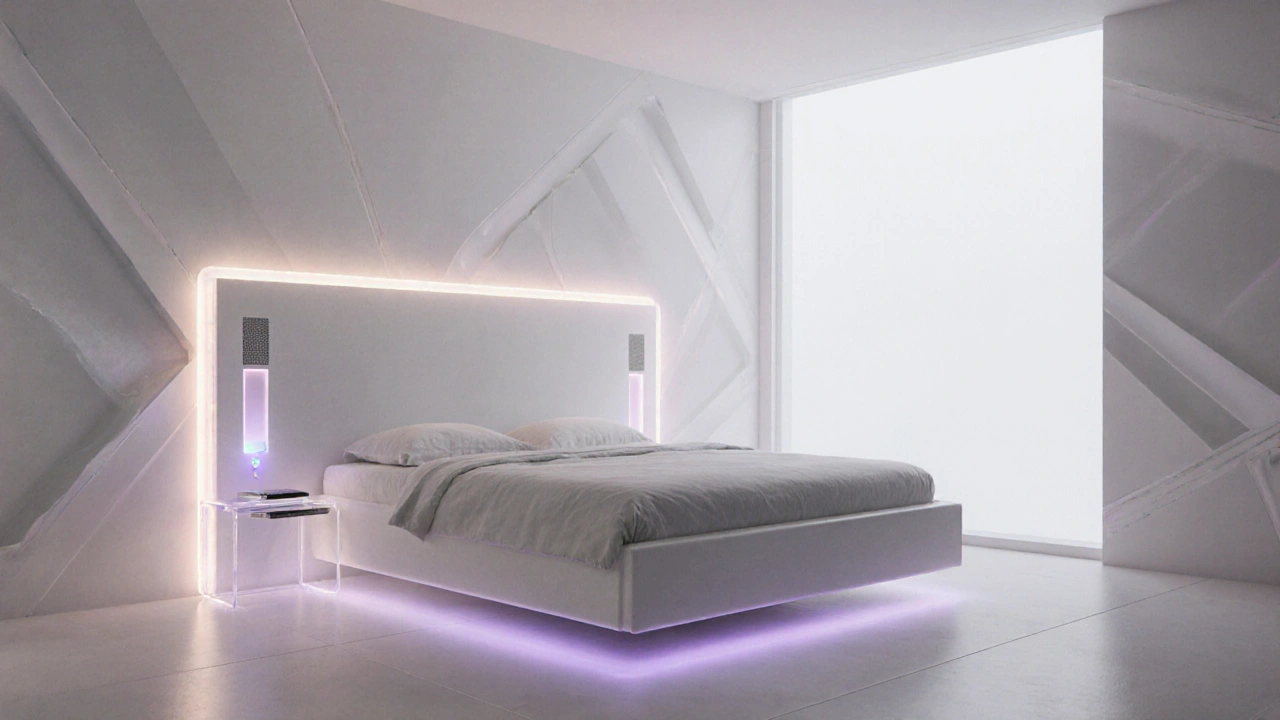 Futuristická singlová ložnice s chytrými funkcemi, nabíjecí stanicí a pohybovým osvětlením.