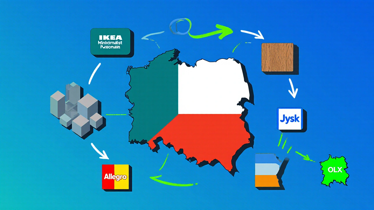 Ilustrace mapy Polska s ikonami řetězců nábytku a šipkami směřujícími do ČR.