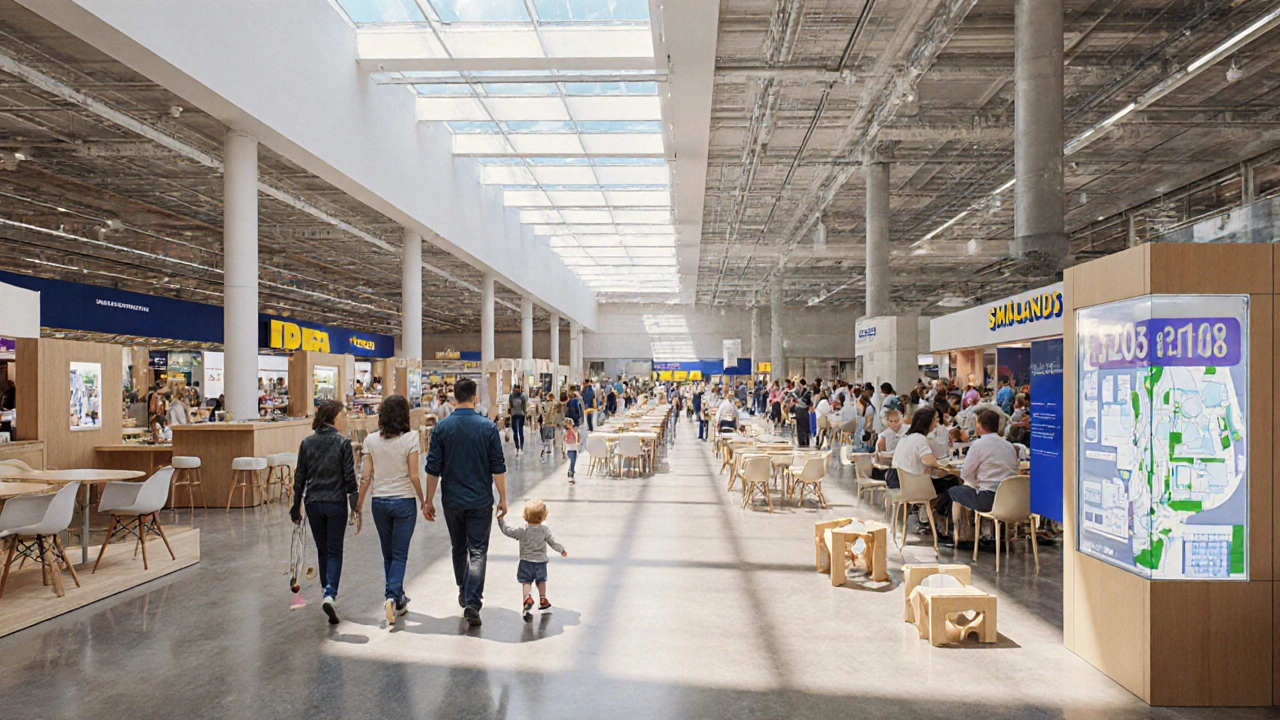 Interiér velkého IKEA Vantaa, rodiny prohlížejí nábytek, děti hrají v sekci Smålands, restaurace s dlouhými stoly.