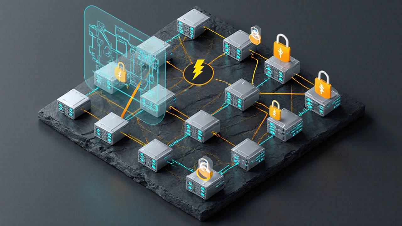 Isometrický pohled na síť Lightning uzlů a platebních kanálů.