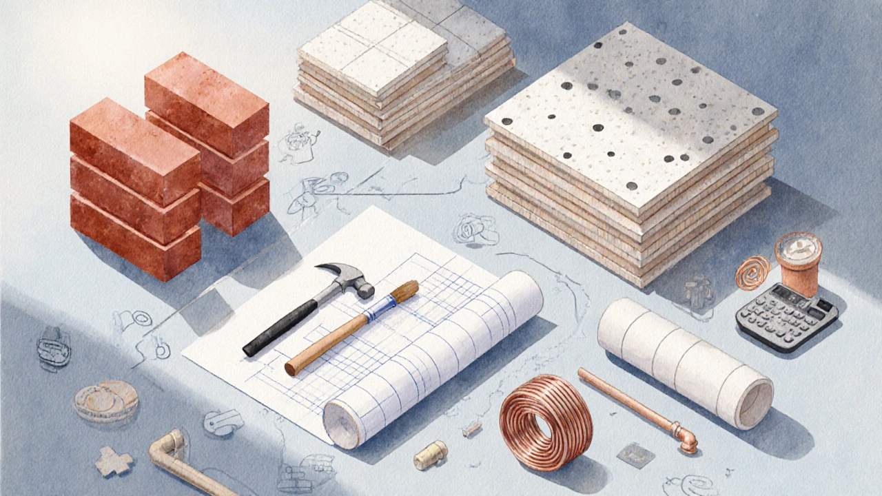Koláž materiálů a nástrojů představuje náklady na rekonstrukci bytu.