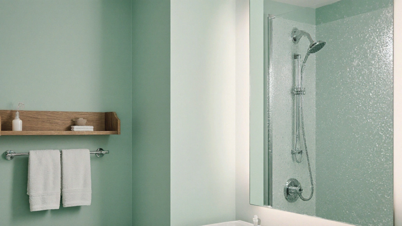 Koupelna v pastelové zeleni s dřevěným doplňkem, klidná a obnovující atmosféra.