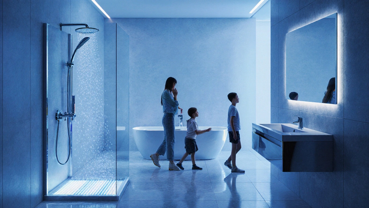 Moderní chytrá koupelna s digitálním ovládáním sprchy, antiskluzovým podlahovým povrchem a inteligentním zrcadlem.