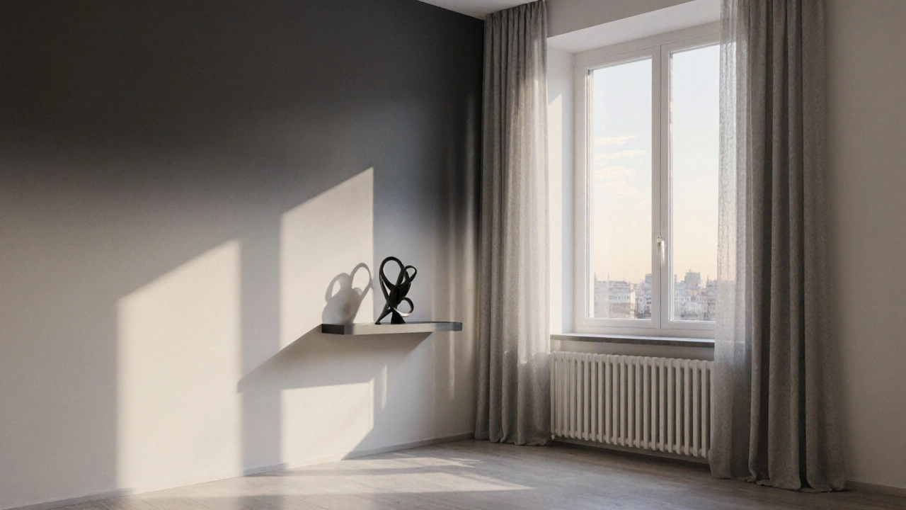 Moderní interiér s jednou ombré stěnou od šedé k bílé, s minimálním nábytkem a oknem.