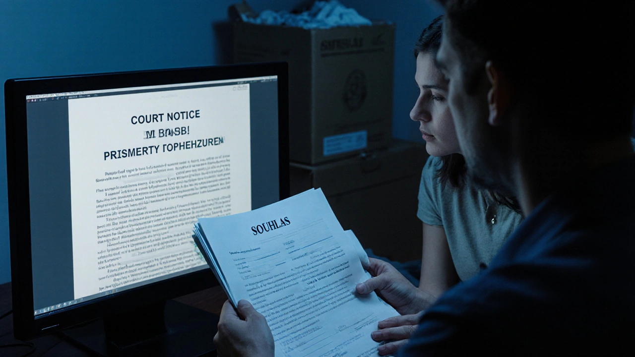 Muž hledí na soudní oznámení o ztrátě nemovitosti, žena drží dokumenty o souhlasu.