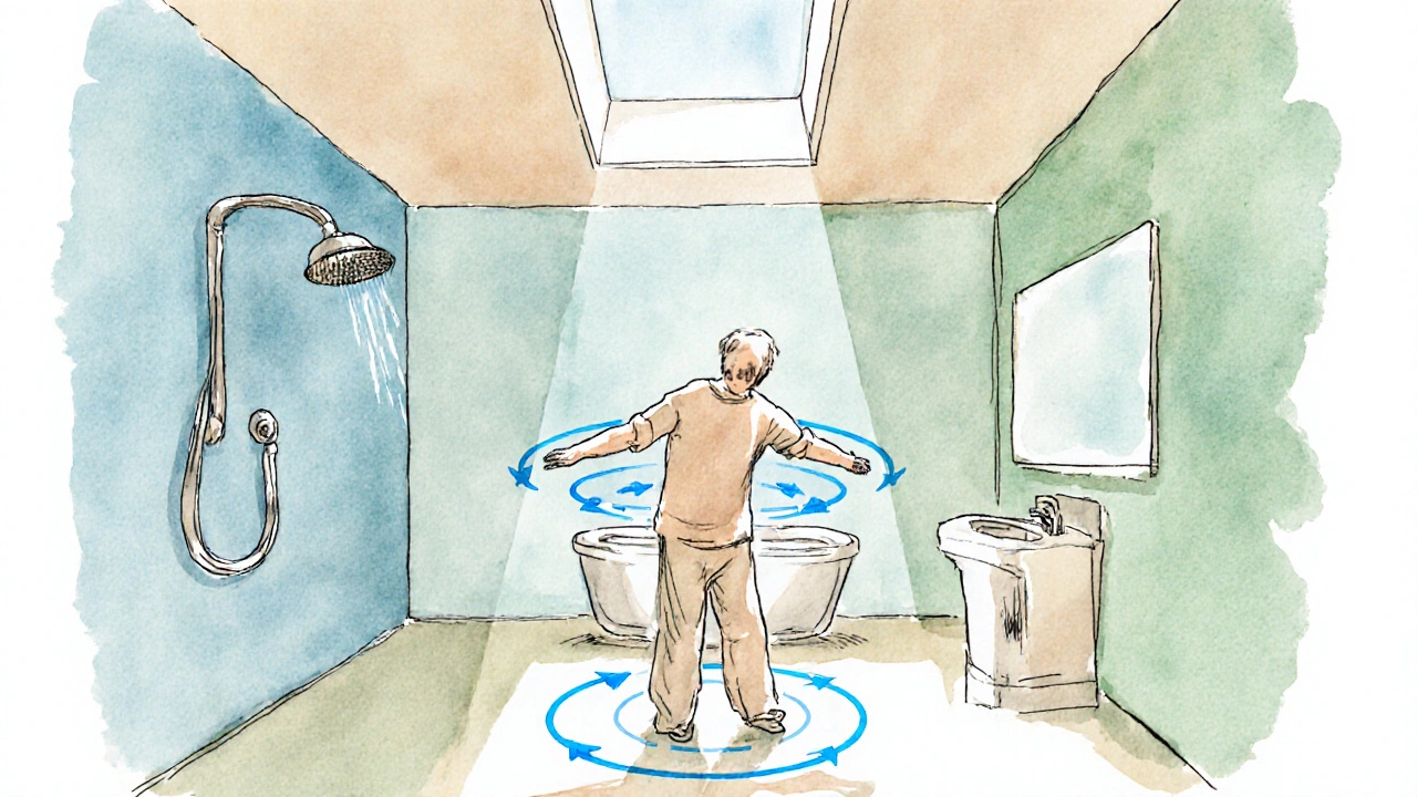 Osoba stojí uprostřed koupelny a otáčí se o 360°, ukazující dostatečný prostor kolem zařízení.