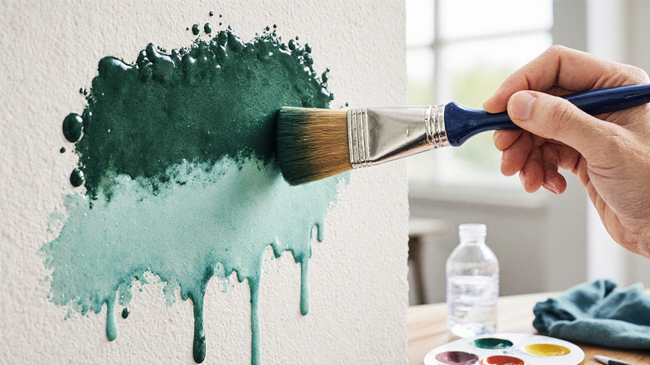 Ruka malíře hladí vlhké barvy na stěně, vytvářející jemný přechod mezi zelenou a tyrkysovou.