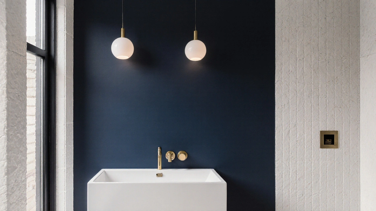 Tmavě modrá akcentová stěna za umyvadlem v prostorné koupelně s bílými dlaždicemi a zlatými detaily.