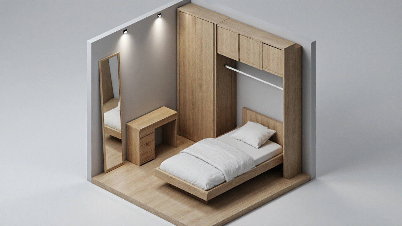 Vertikální úložná řešení v moderní ložnici, vysoké police a modulární postel.