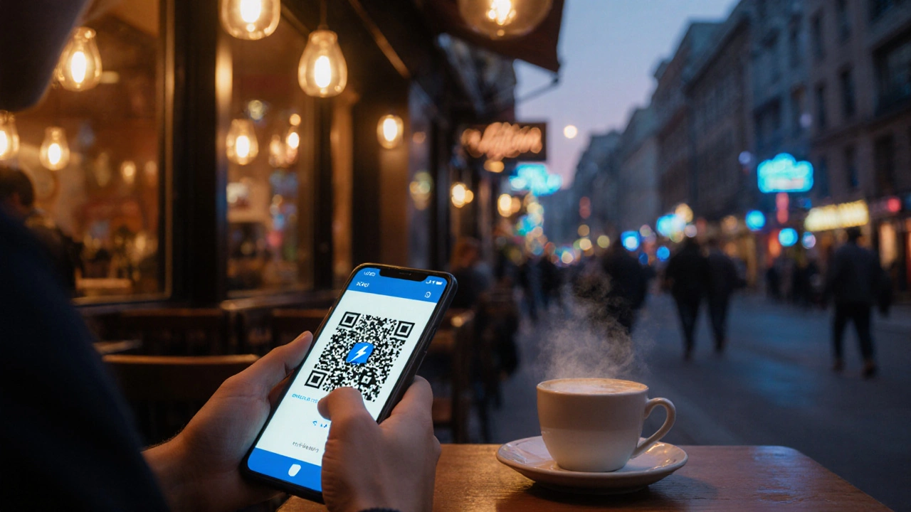 Zákazník platí kávu pomocí Lightning QR kódu v kavárně.