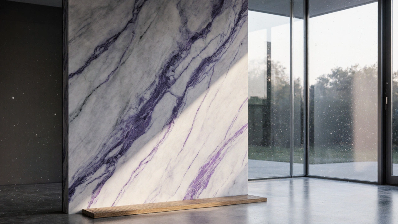 Architectural concept of a minimalist entrance with marble slab, glass wall, and a single beam of dawn light, evoking serenity.