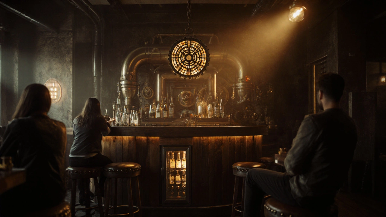 Bar s přepracovaným parním kotlem a svítícími trubicemi v atmosféře steampunk stylu.