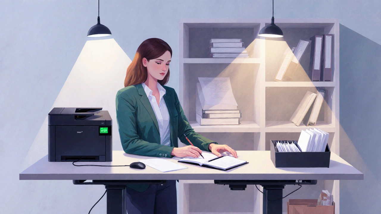 Chytrý stůl s bezdrátovým nabíjením a inteligentním osvětlením v domácí kanceláři v ČR 2025.