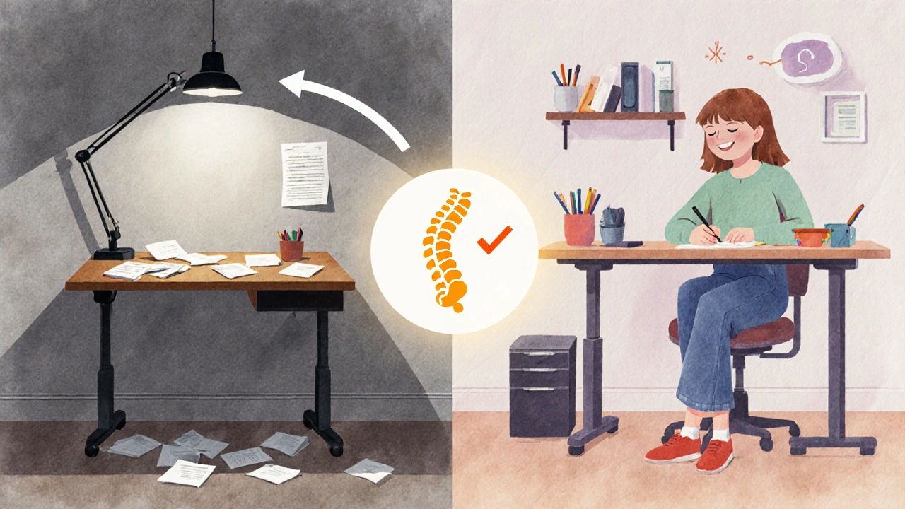 Conceptual watercolor showing a teenager’s workspace transforming from cluttered and dim to organized and well-lit.