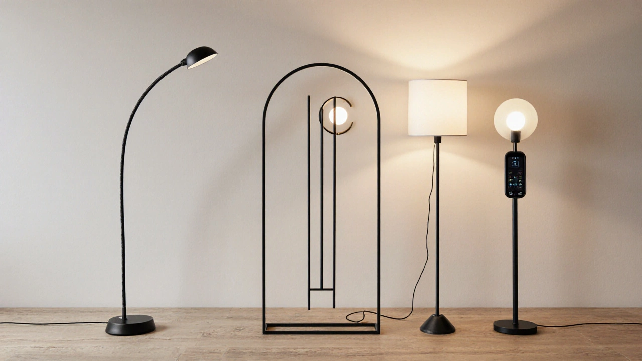 Čtyři typy stojacích lamp: flexibilní, LED, dekorativní a chytrá, v minimalistickém prostředí.
