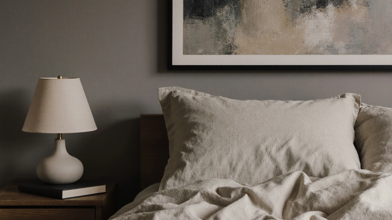 Detail ložního prádla z lnu a bavlny v přírodních tónech s hmatem textury, na dřevěném nočním stolku s keramickou lampou.