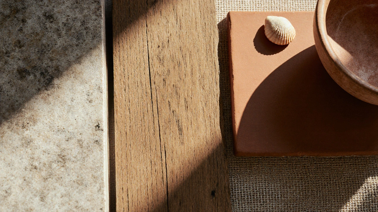 Detail přírodního kamene, starého dřeva a ručně tkaného textilu v středomořském stylu.