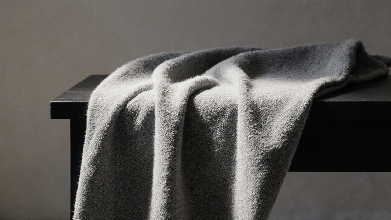 Detail textury šedého koberce z bavlny s jemným tkaným efektem a žádnými vzory.