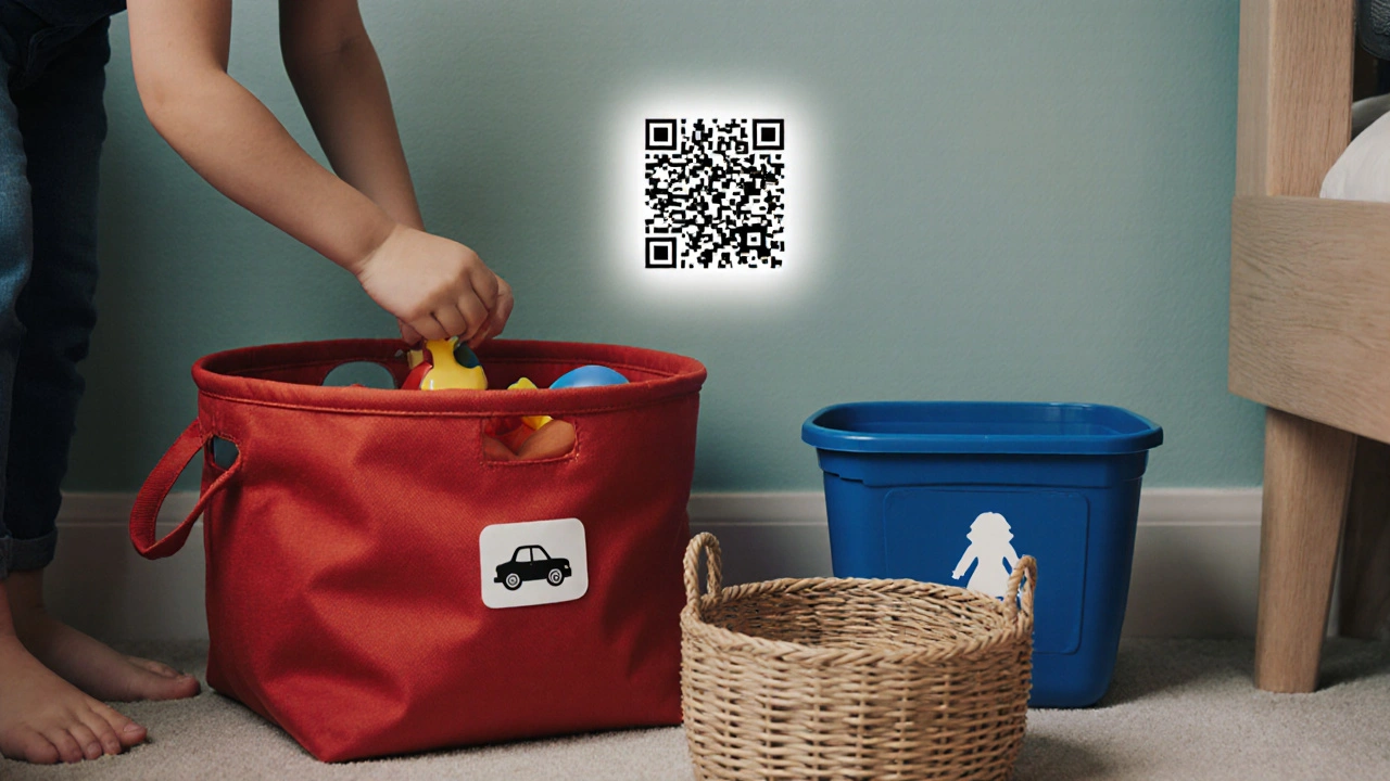 Dětský pokoj s barevně kódovanými koši a QR kódem pro organizaci hraček.