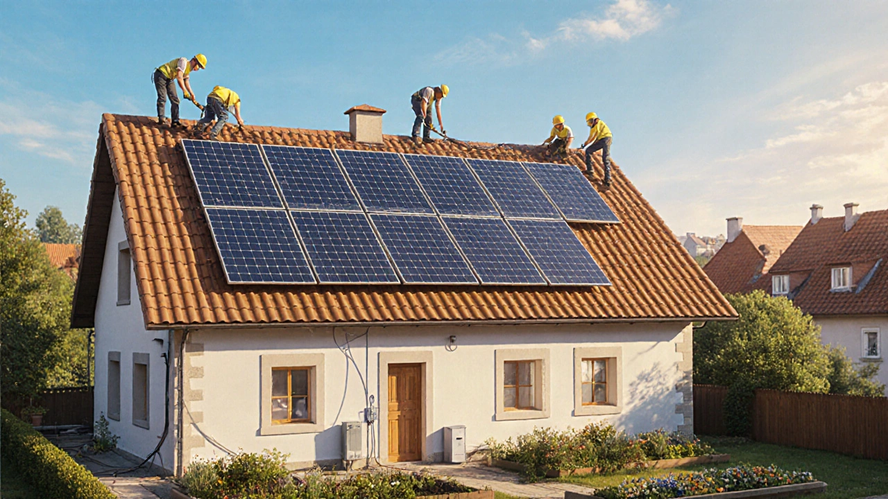 Family installing large rooftop solar panels on a Czech house under sunny sky, no paperwork visible.
