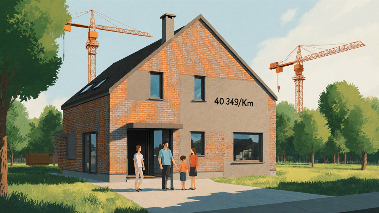 Family standing in front of a new house in Ústí nad Labem with park and cranes in background.