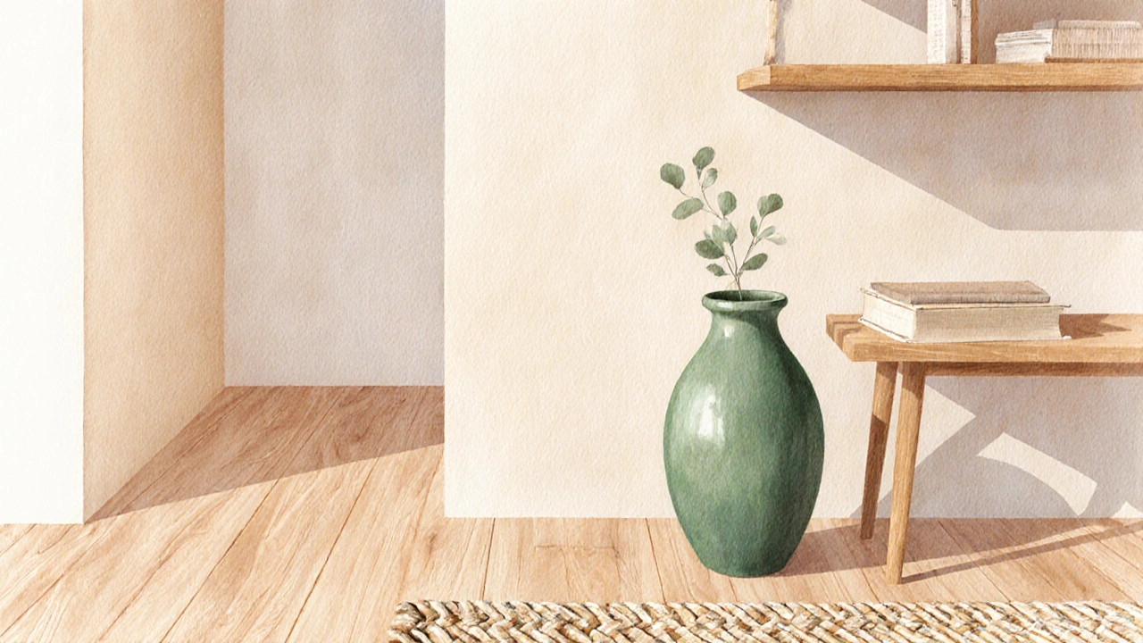 Interiér podle pravidla 60-30-10: béžové stěny, dubový nábytek a tmavě zelený koberec v mírných barvách.