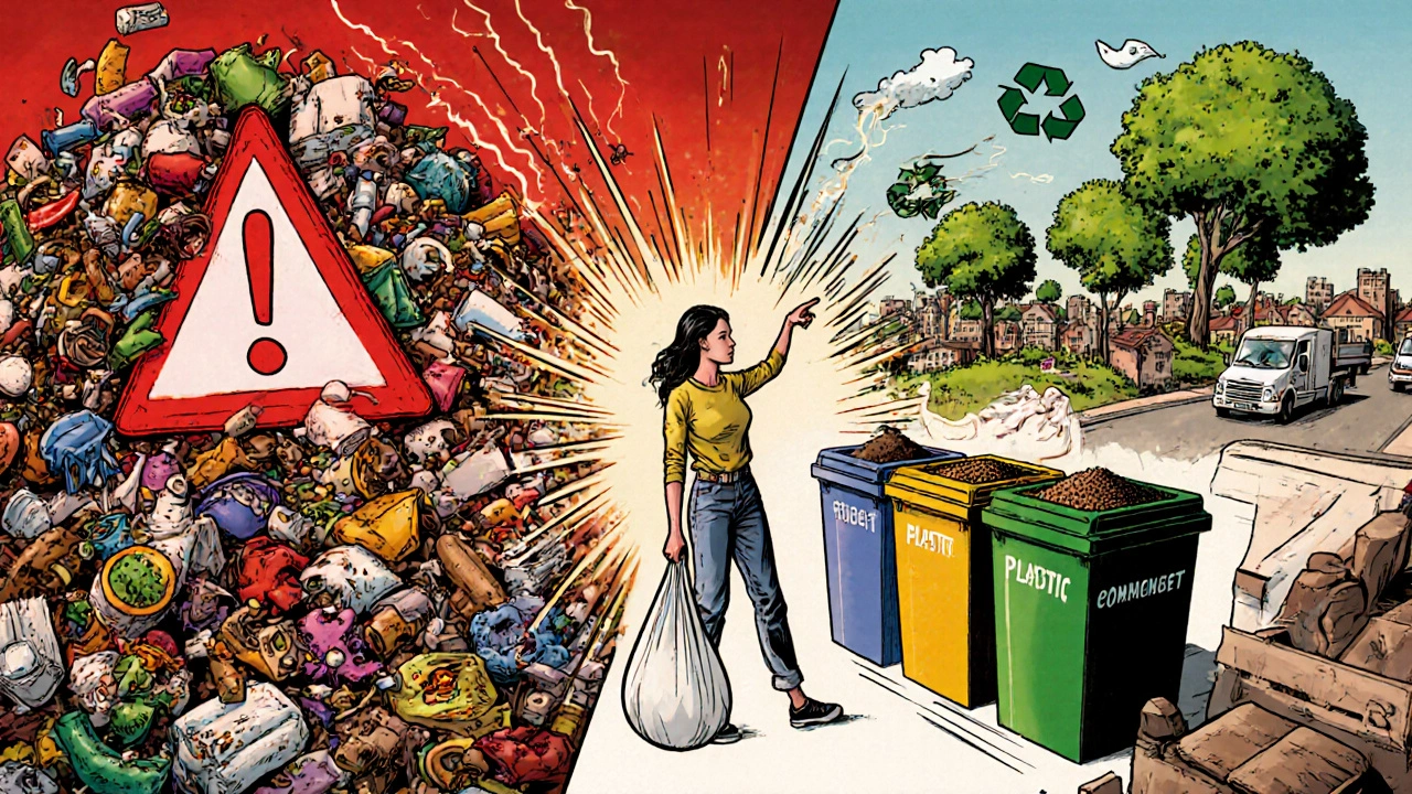 Komediový styl: chaos nečištěného odpadu přeměňuje se na recyklované suroviny pod vedením domácnosti s ekologickým záměrem.