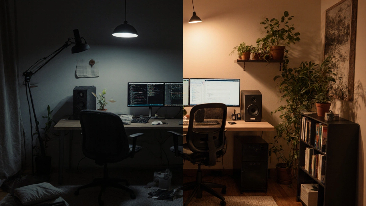 Kontrast mezi špatně a dobře vybavenou domácí kanceláří v českém bytě.