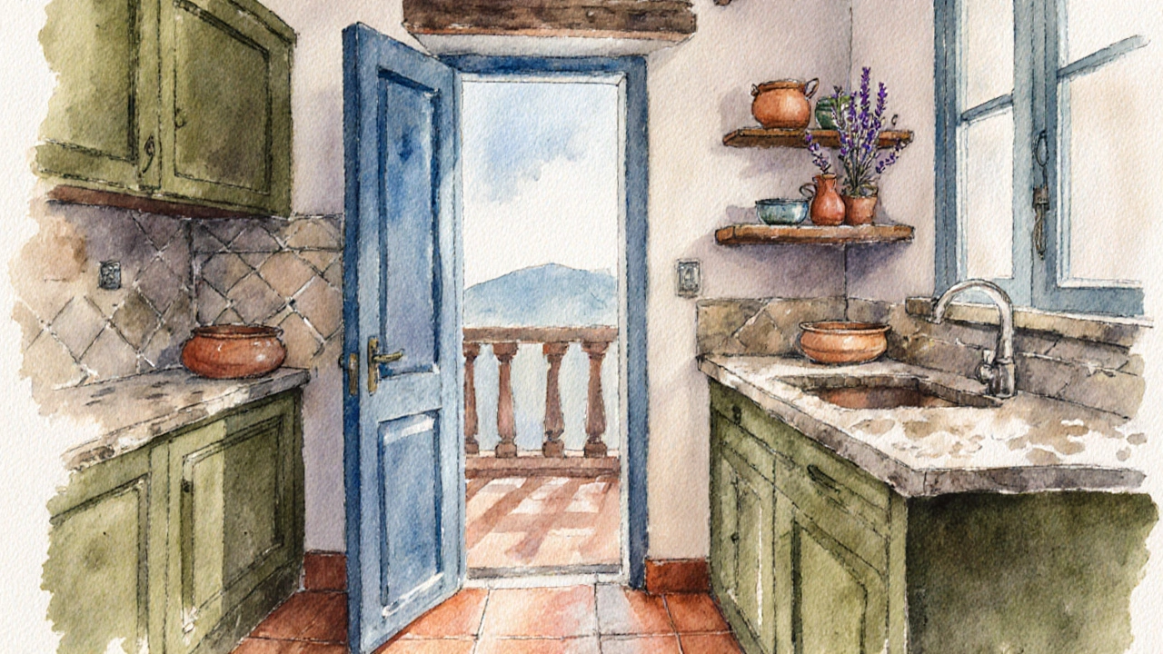 Kuchyně v českém bytě s modrými dveřmi, terakotovými dlaždicemi a dřevěnými skříňkami v olivové zeleni.