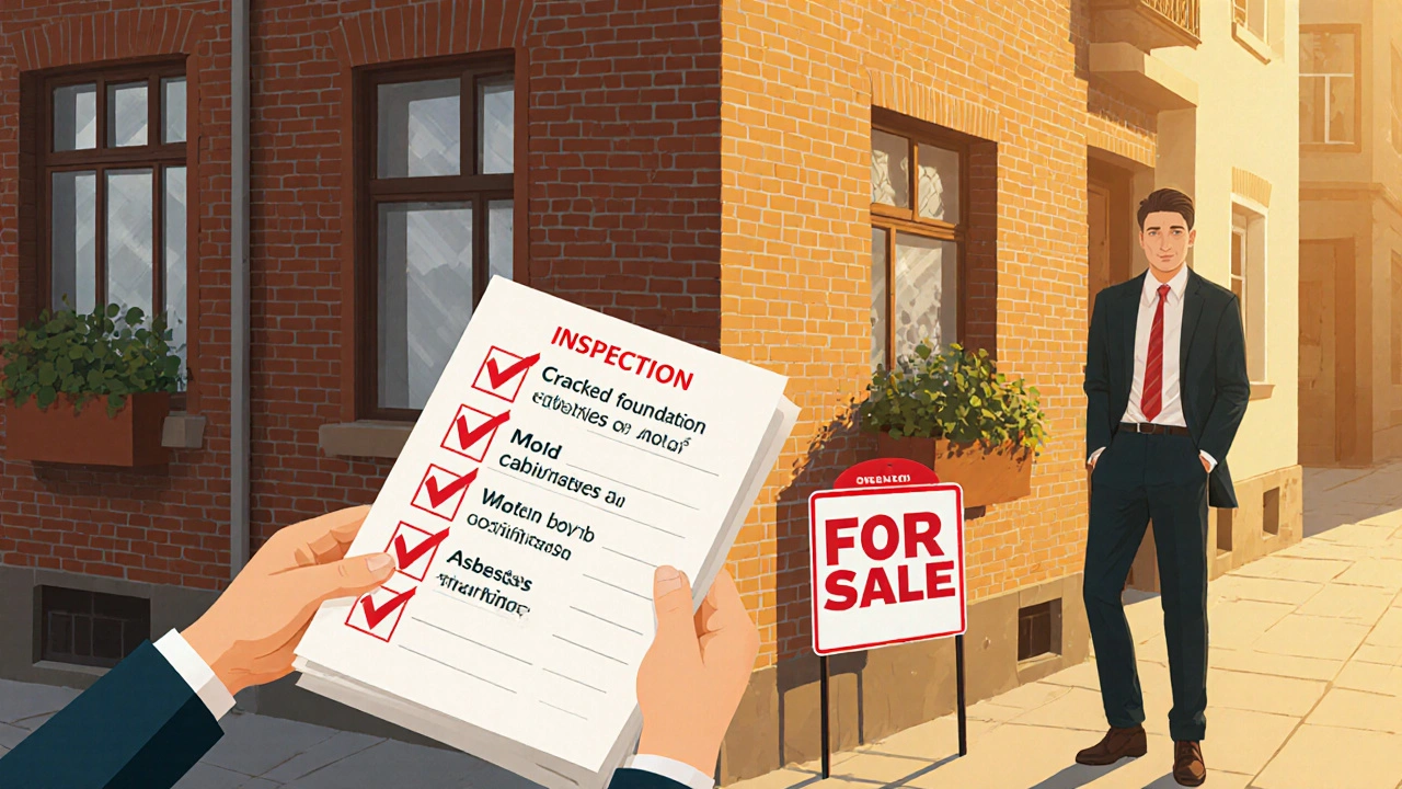 Kupující drží inspekční zprávu u domu, zatímco makléř se vyhýbá pohledu.