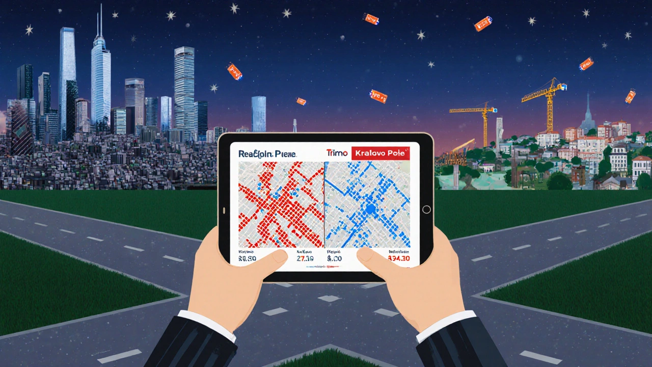 Kupující s tabletovou mapou cenových pásem Prahy a Brna, stojící na rozcestí mezi hustou Prahou a rozlehlým Brnem s novou stanicí metra.