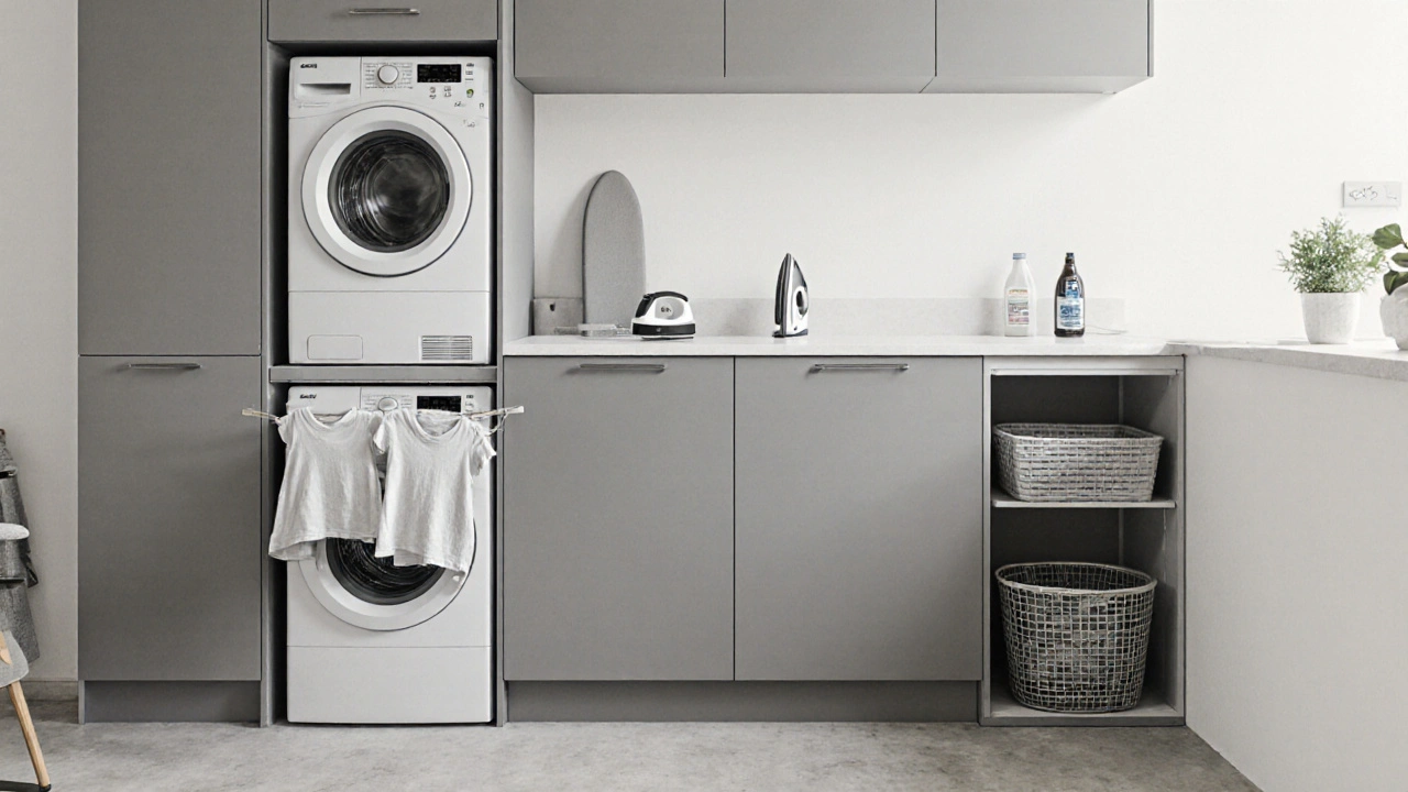 Malá prádelna v bytě s přehazovacím sušákem nad pračkou a vestavnými koši.