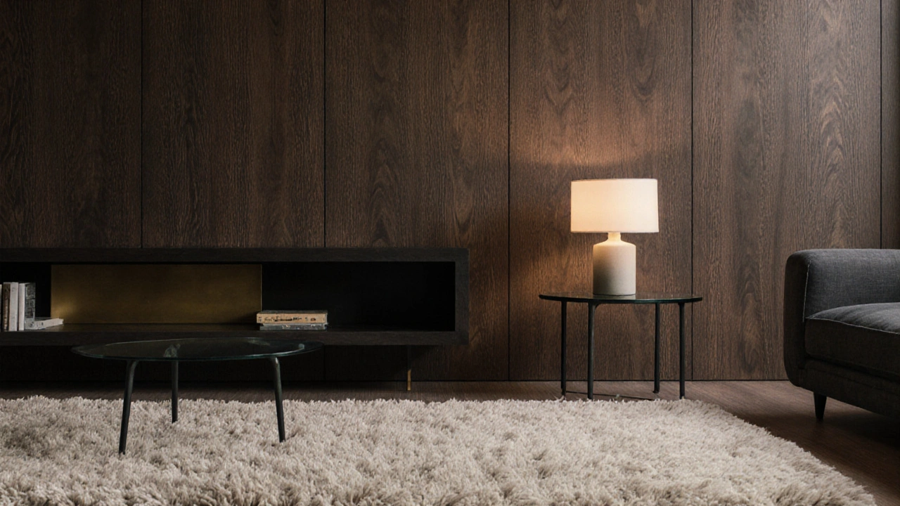 Malý obývací pokoj s 60 % tvrdých a 40 % měkkých textur: dubové panely, skleněný stolík a vlněný koberec.