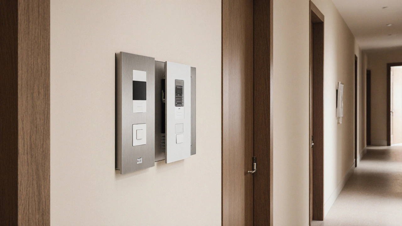 Modulární interkom 2N harmonicky integrovaný do zdi chodby bez viditelných kabelů a s přizpůsobitelným panelovým designem.