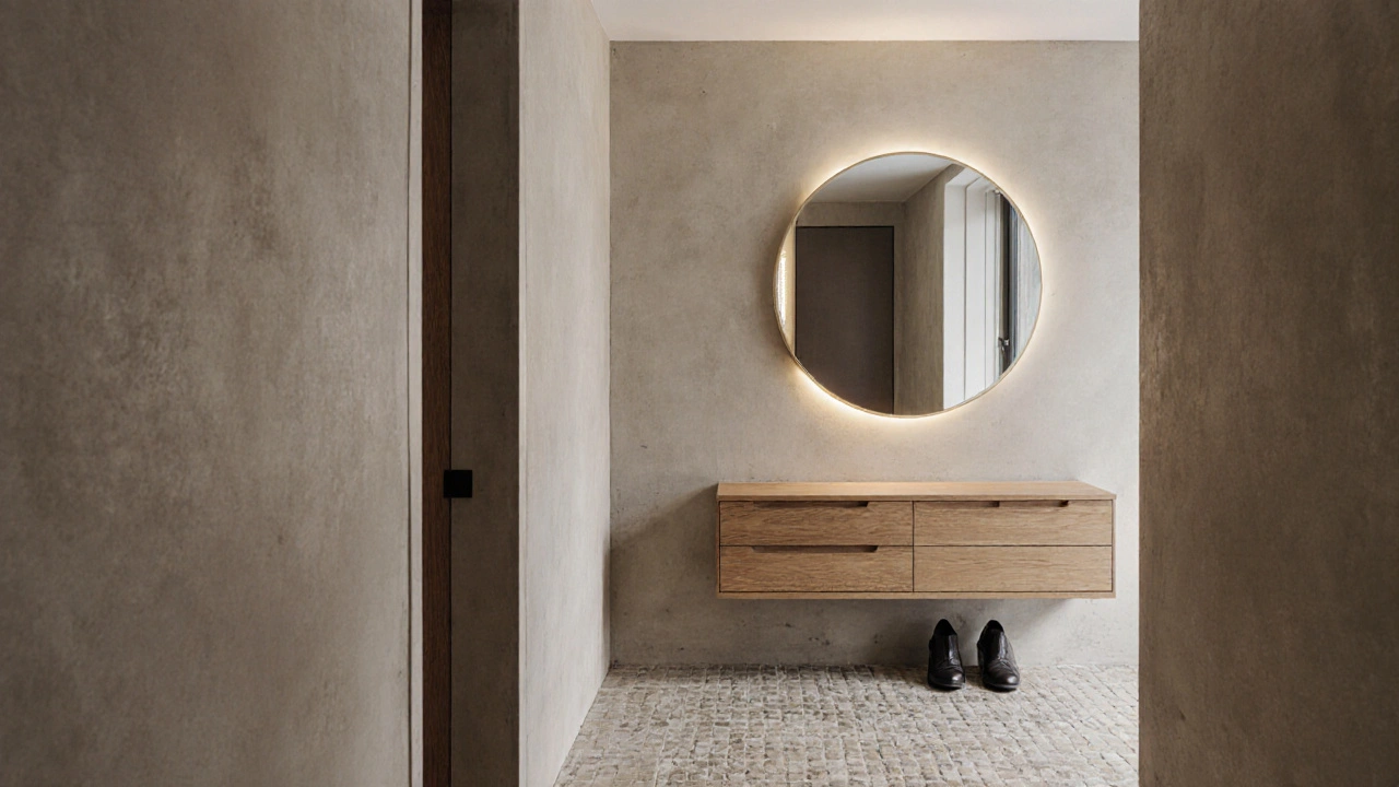 Narrow entrance with wooden console, recycled ceramic tiles, and layered lighting, creating a calm, clutter-free atmosphere.