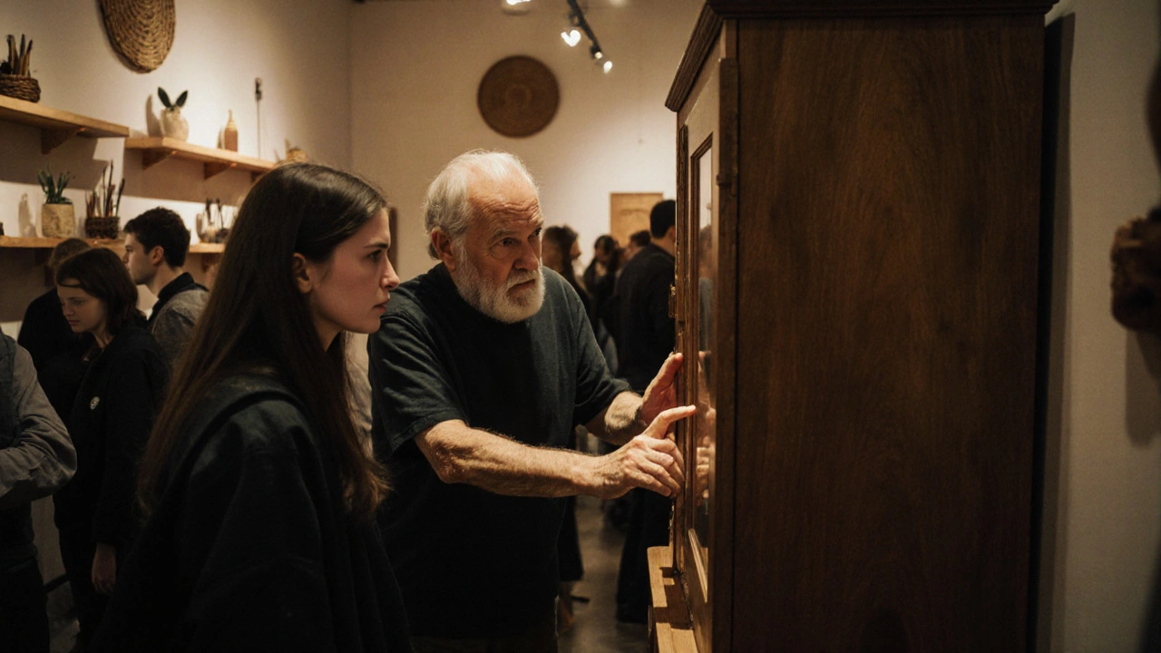 Návštěvníci na výstavě Krásná práce v Praze prozkoumávají český nábytek s mistrům.