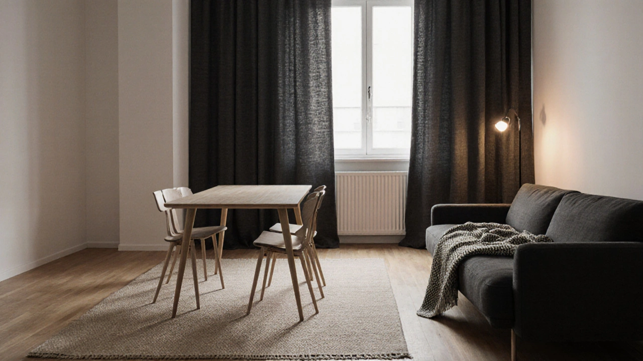 Otevřený interiér s minimalistickými textiliemi v béžové, šedé a černé barvě, které definují zóny bez vizuálního hluku.