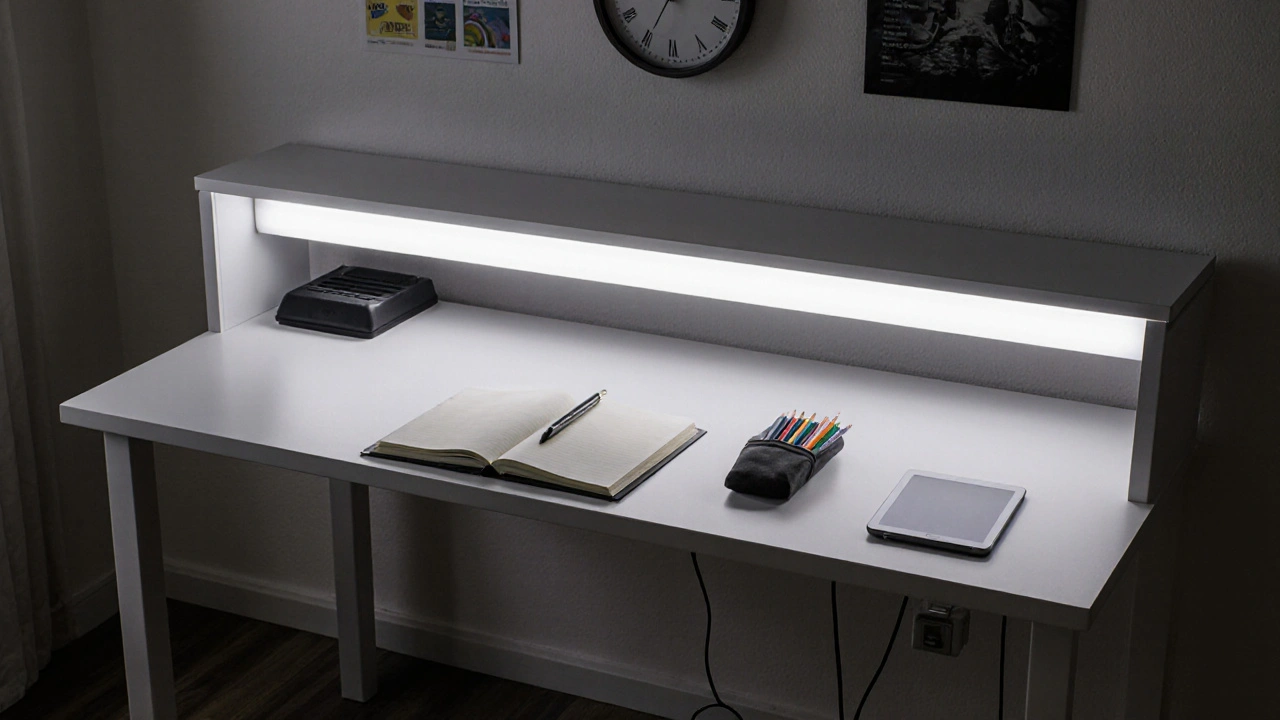 Overhead view of a tidy teen workspace with even LED illumination and hidden cables, no window glare.