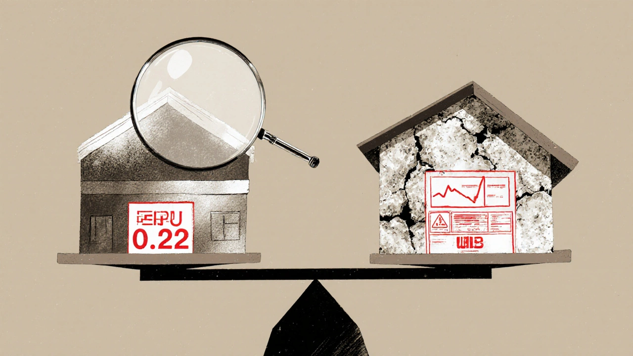 Porovnání teoretického a skutečného zateplení domu na váhách s varovnými značkami.