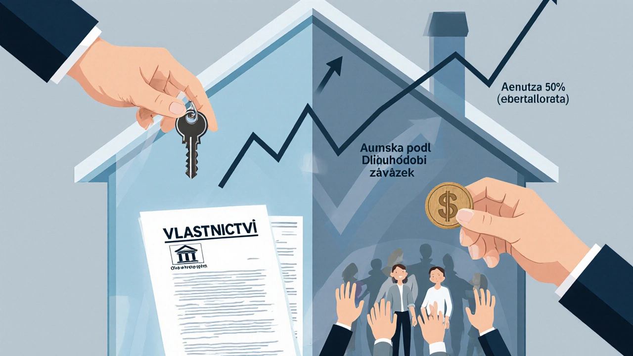 Průhledný dům s porovnáním vlastnictví a členského podílu s růstovými grafy.