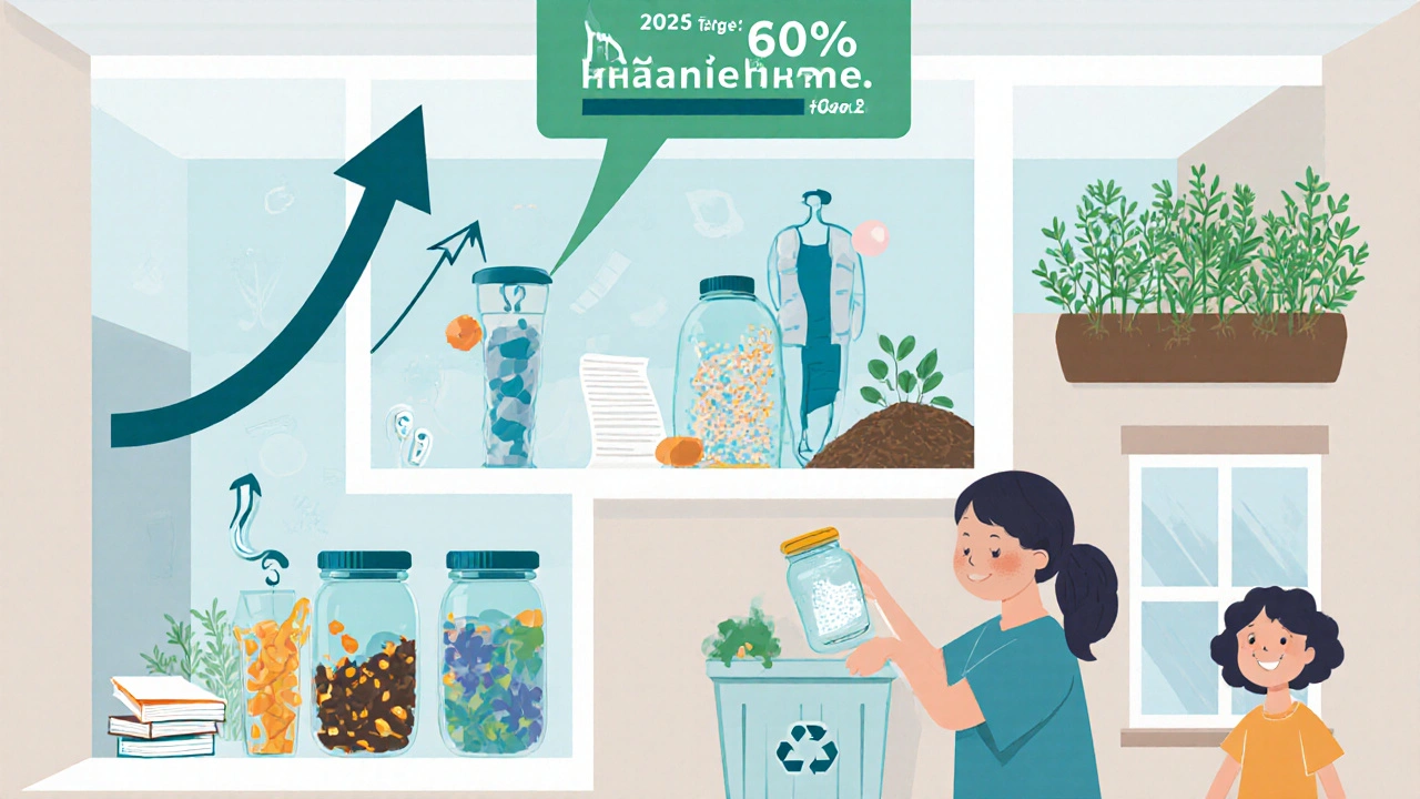 Průhledný dům ukazující cestu odpadu od domácnosti k recyklaci: láhve, papír, sklo a bio odpad se mění v nové výrobky a hnojivo.