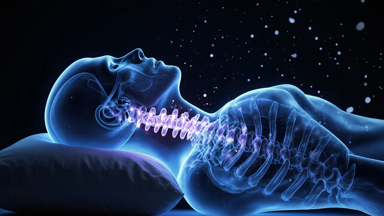 Průhledný pohled na páteř na polštáři s vyznačeným snížením tlaku o 45 %.