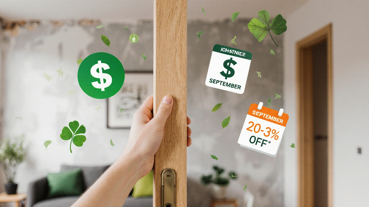 Recyklované dveře v moderním interiéru s ikonami úspory a environmentálních výhod.