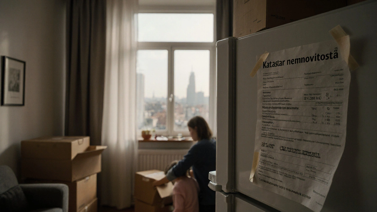 Rodina balí boxy v bytě, na zdi je listina o vlastnictví, na ledničce faktura na výměnu oken.