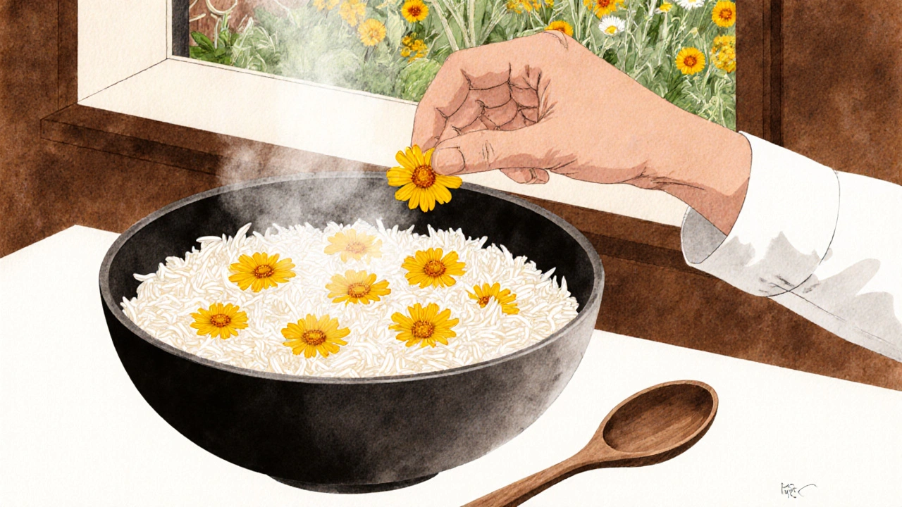 Ruka kuchaře přidává oranžové lístky měsíčku do studeného rizota, květiny plavou ve výparu.