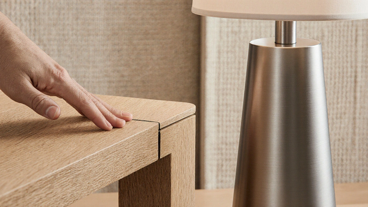 Ruka se dotýká kartáčovaného dubového stolu vedle matné kovové lampy s jemným rozdílem textur.
