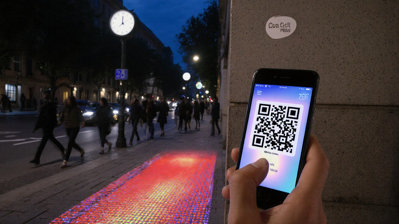 Rukou držený QR kód na vstupu do domu, který zobrazuje reálnou hlukovou mapu na telefonu v noci.